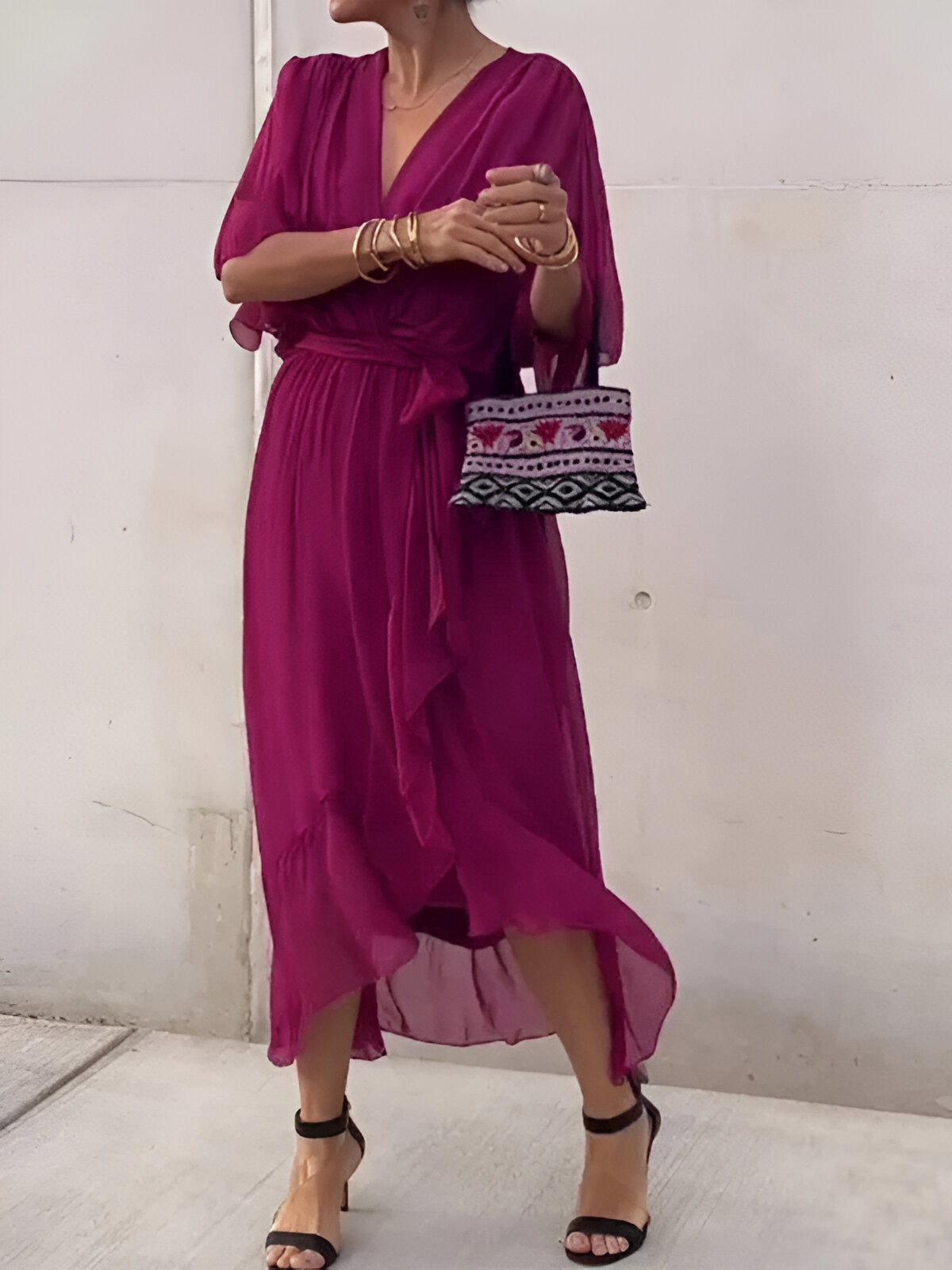 Elegant Ladies' Summer Dress with V Neck and Waist Belt