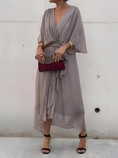 Elegant Ladies' Summer Dress with V Neck and Waist Belt
