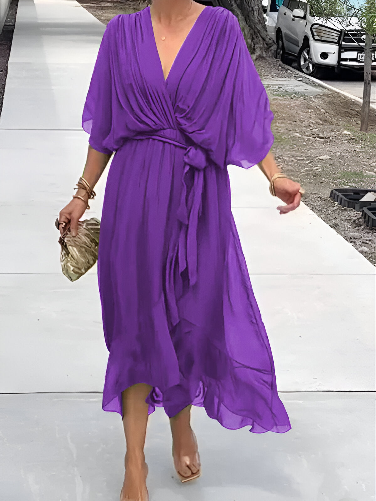 Elegant Ladies' Summer Dress with V Neck and Waist Belt