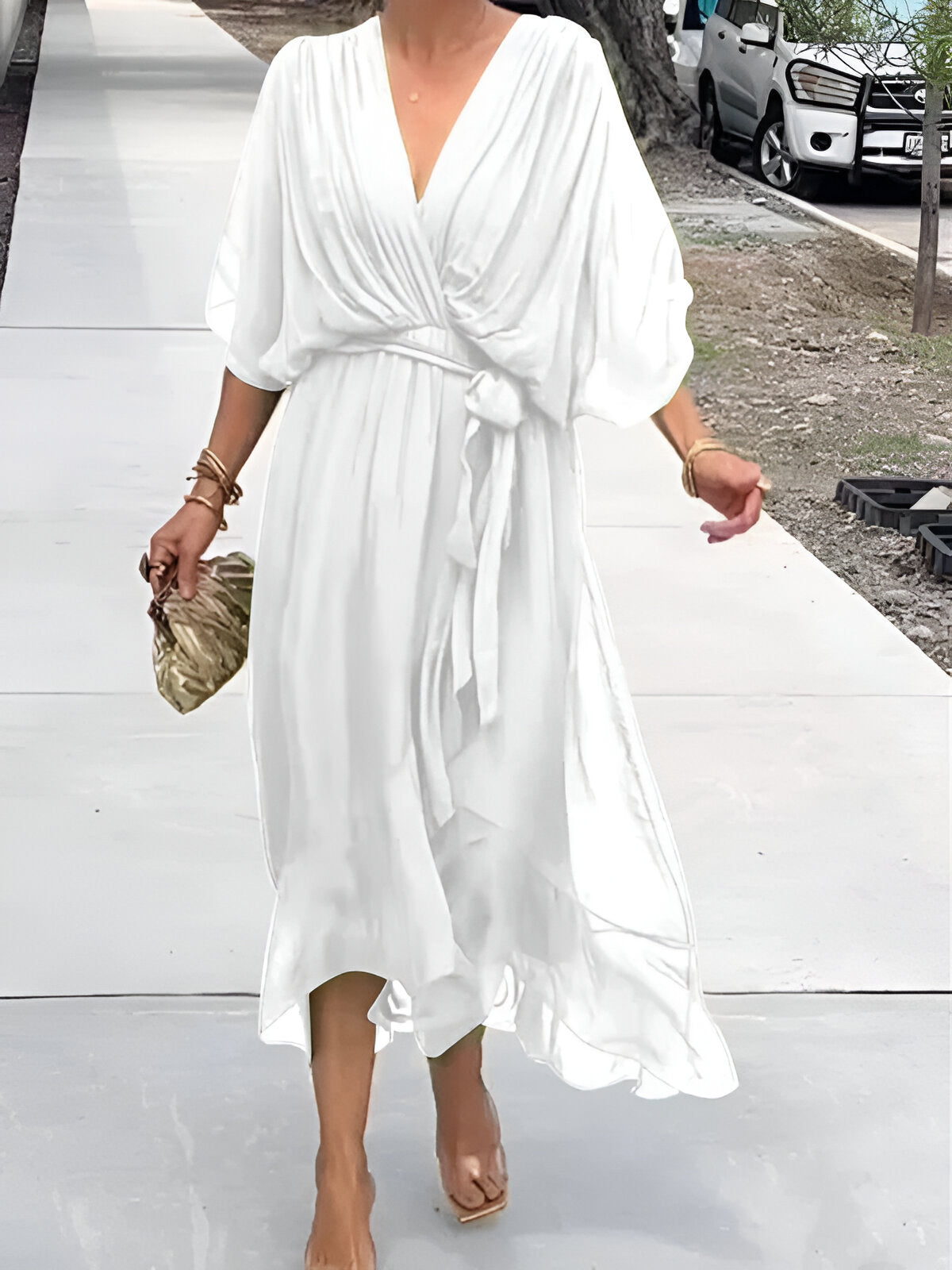 Elegant Ladies' Summer Dress with V Neck and Waist Belt