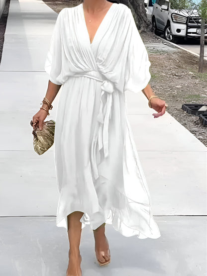 Elegant Ladies' Summer Dress with V Neck and Waist Belt