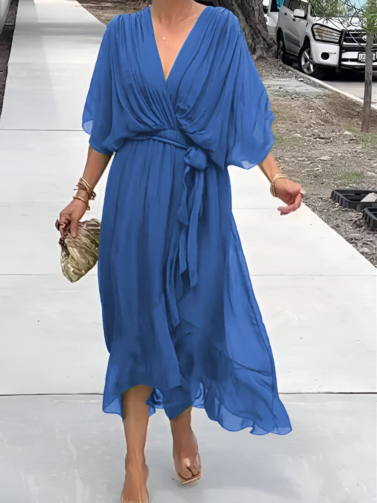 Elegant Ladies' Summer Dress with V Neck and Waist Belt