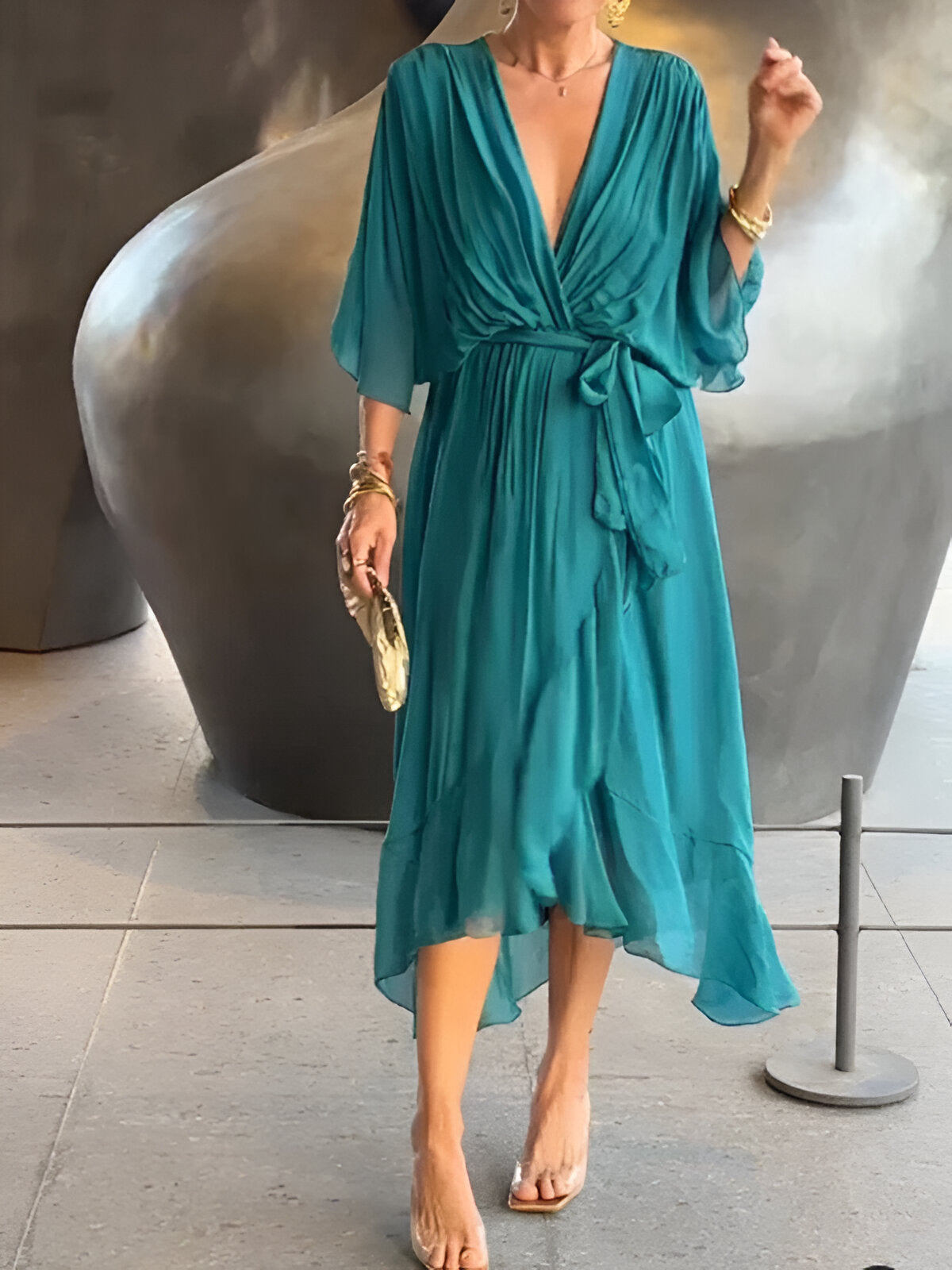 Elegant Ladies' Summer Dress with V Neck and Waist Belt