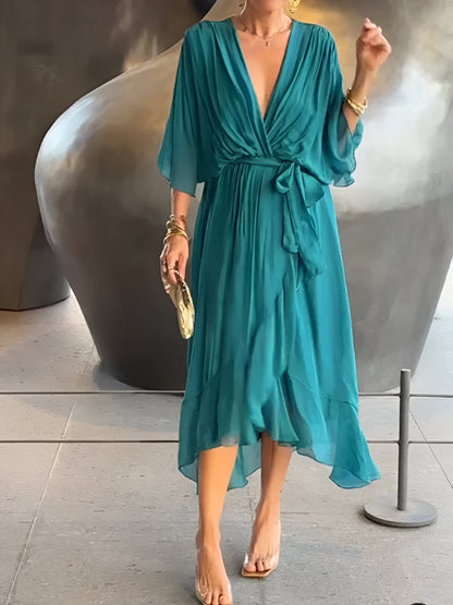 Elegant Ladies' Summer Dress with V Neck and Waist Belt