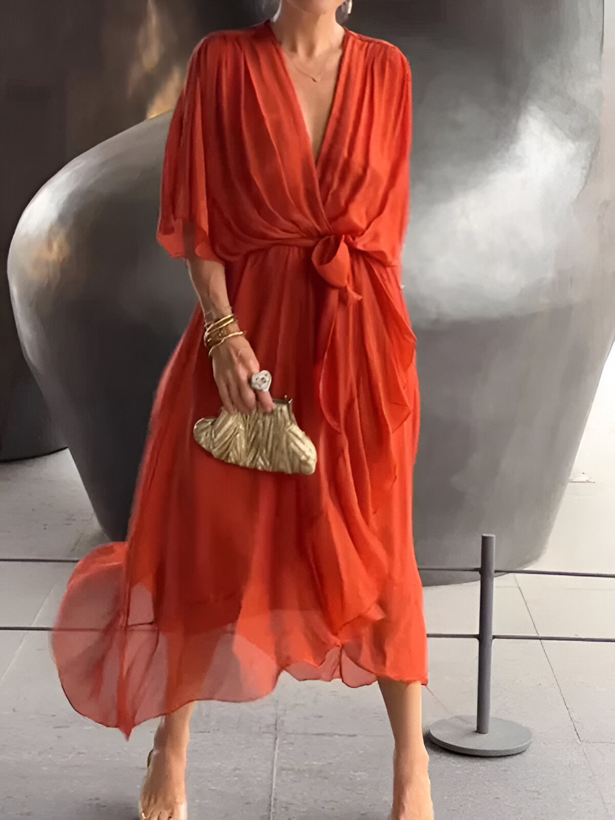 Elegant Ladies' Summer Dress with V Neck and Waist Belt