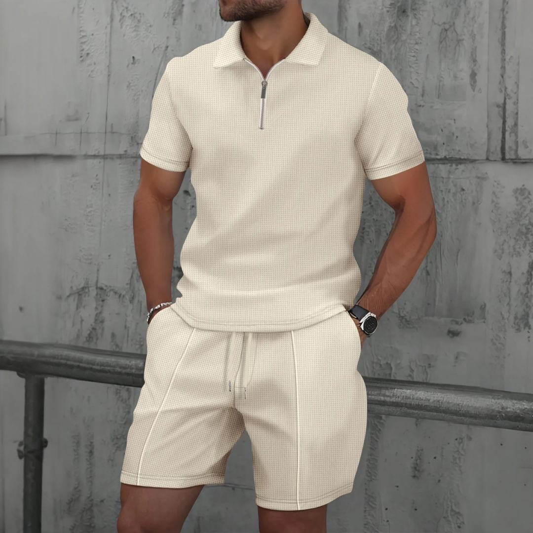 Set with Men's Summer Zip Collar Polo and Comfortable Shorts