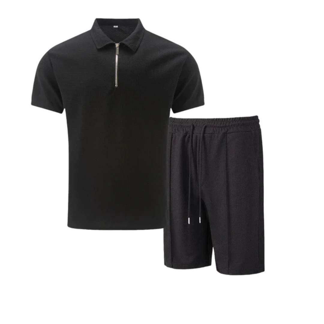 Set with Men's Summer Zip Collar Polo and Comfortable Shorts