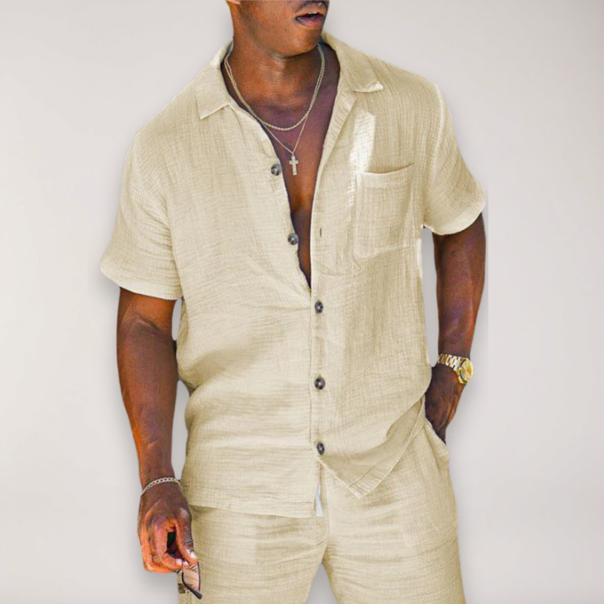 Set with Men's Linen Summer Short Sleeve Shirt and Shorts