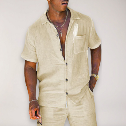 Set with Men's Linen Summer Short Sleeve Shirt and Shorts