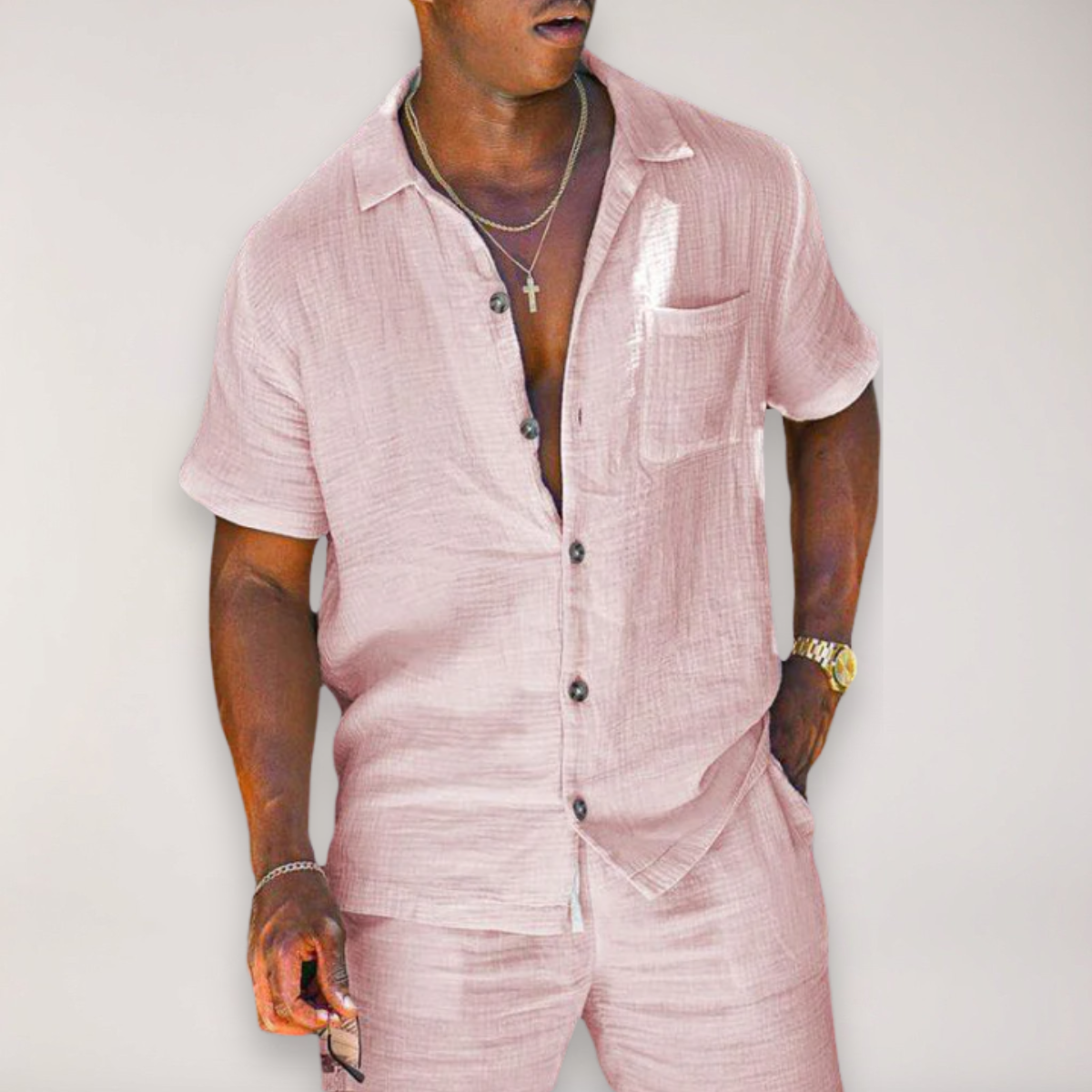 Set with Men's Linen Summer Short Sleeve Shirt and Shorts