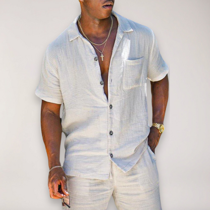 Set with Men's Linen Summer Short Sleeve Shirt and Shorts