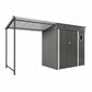 Metal outdoor storage shed with attached open-sided pergola