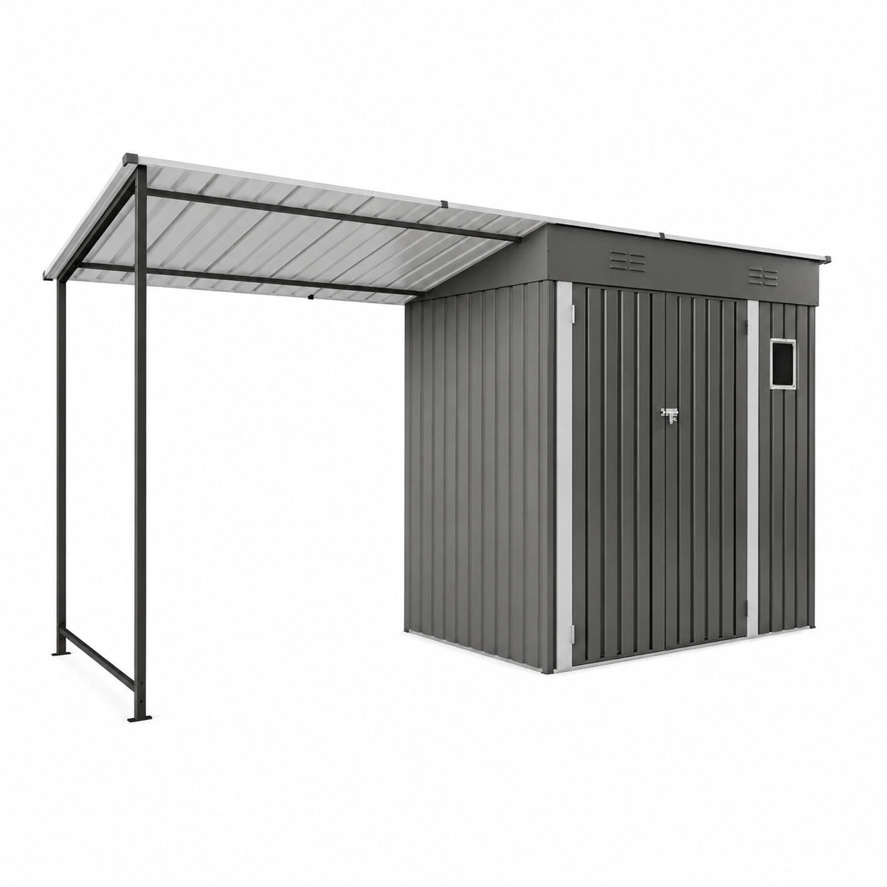 Metal outdoor storage shed with attached open-sided pergola