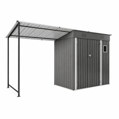 Metal outdoor storage shed with attached open-sided pergola