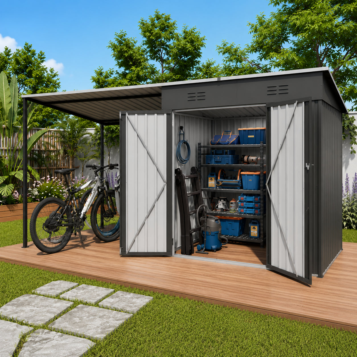 Enclosed metal garden shed with lockable storage door