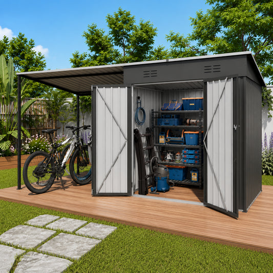 Enclosed metal garden shed with lockable storage door
