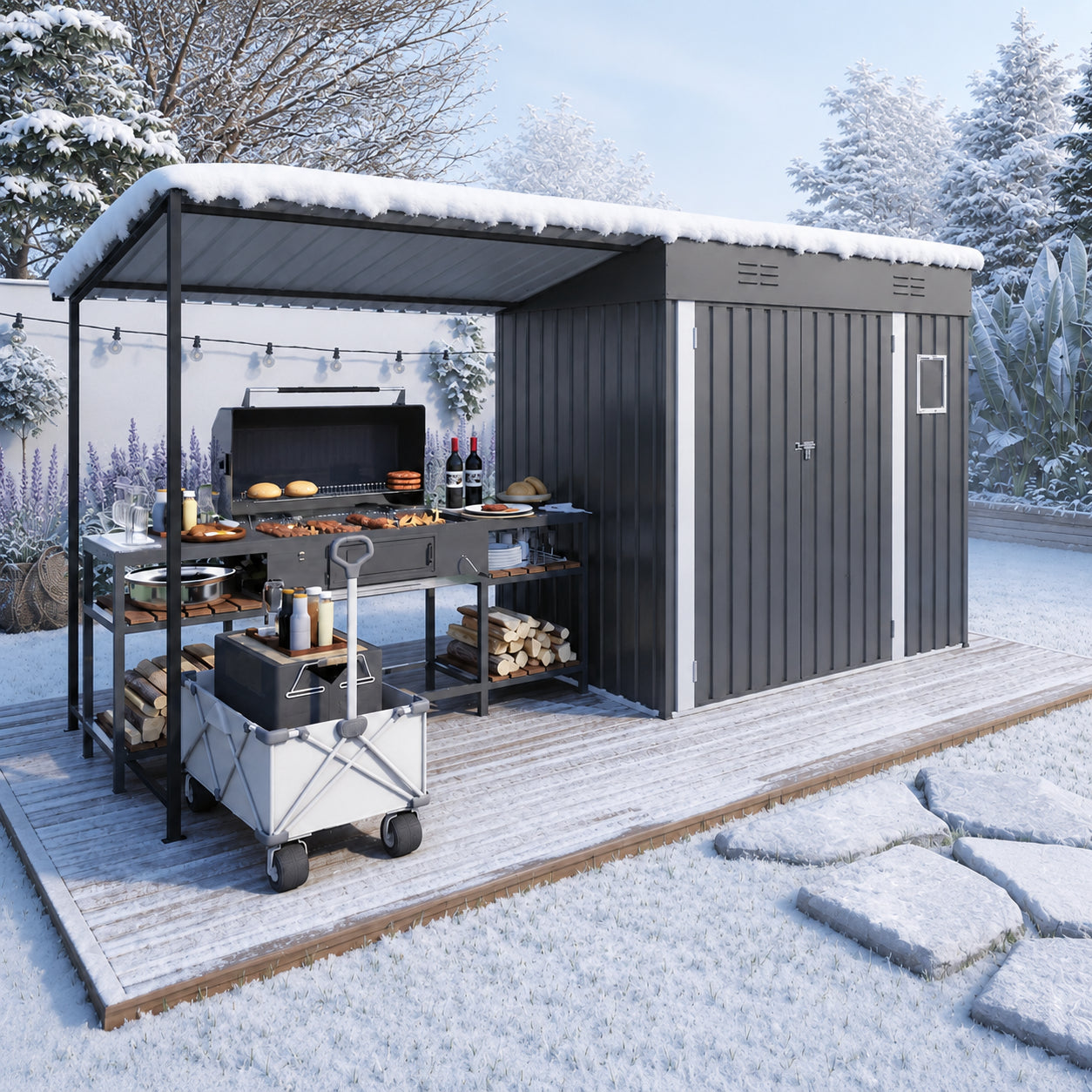 Attached hardtop pergola beside outdoor storage shed