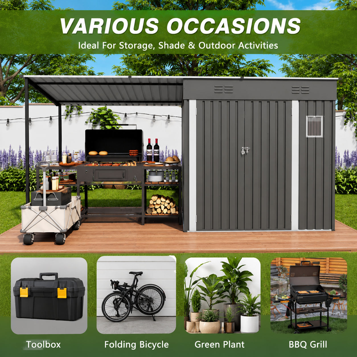 Outdoor tool storage shed with covered patio area