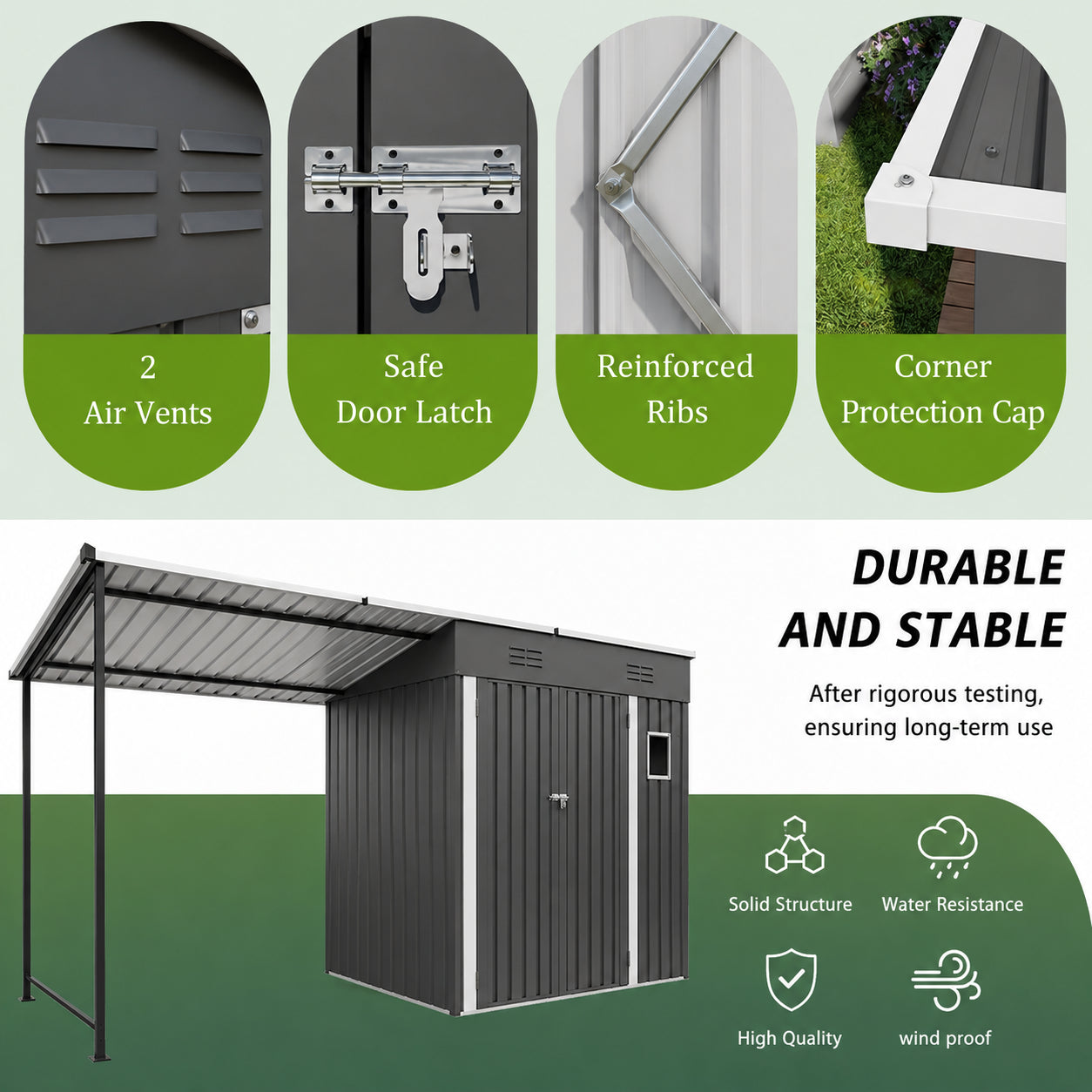 Metal outdoor storage shed with attached open-sided pergola