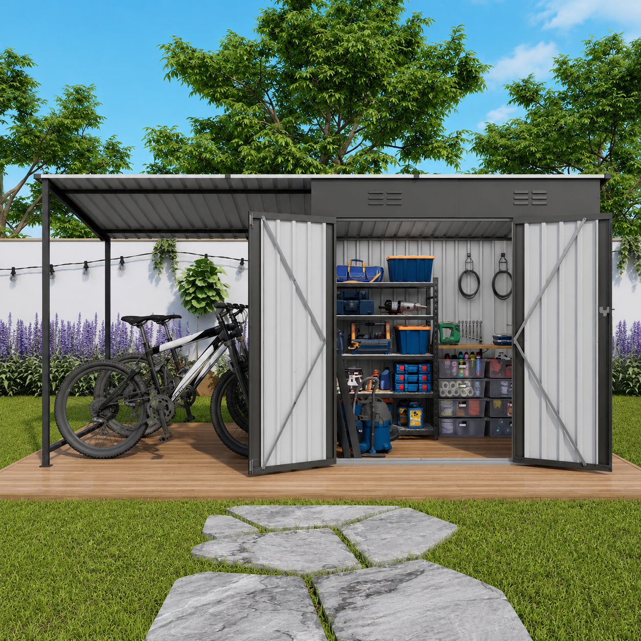 Sloped roof metal shed and pergola combination for backyard