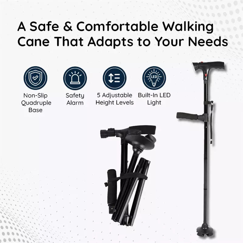 Foldable Walking Stick with LED Lighting and Non-Slip Foot for Stability