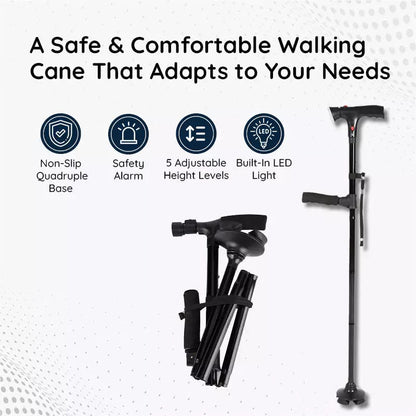 Foldable Walking Stick with LED Lighting and Non-Slip Foot for Stability