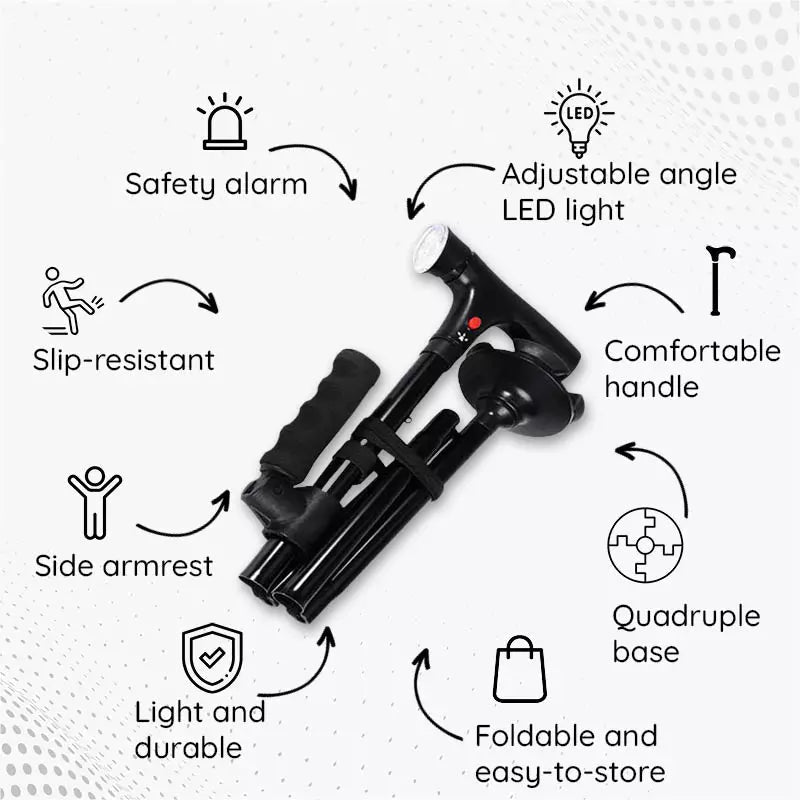 Foldable Walking Stick with LED Lighting and Non-Slip Foot for Stability