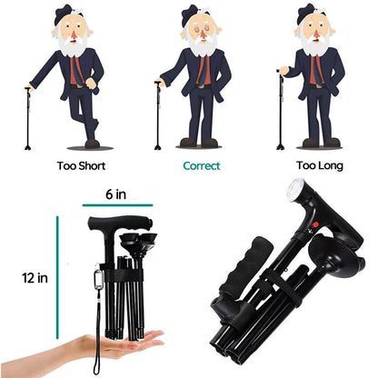 Foldable Walking Stick with LED Lighting and Non-Slip Foot for Stability
