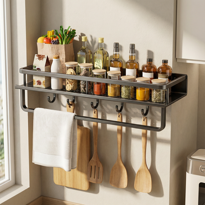 Shelf with Metal Kitchen Wall Black for Space-Saving Storage Rack with Hooks