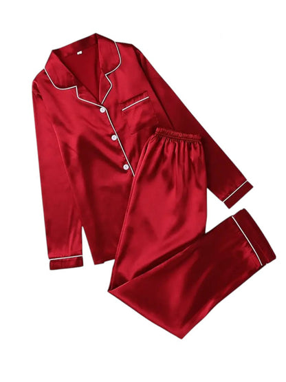 Set Ladies Satin Pyjama for Long Sleeves with Classic Collar