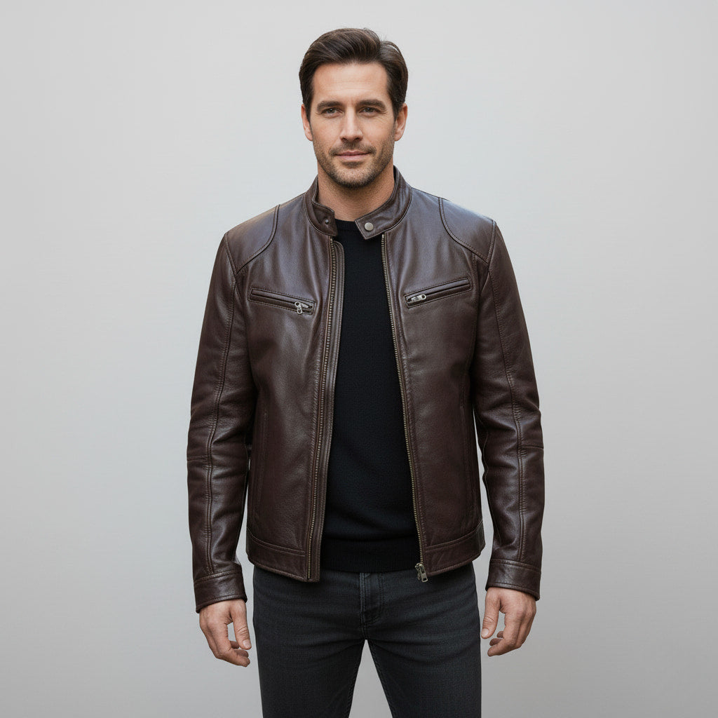Stand with Men's Leather Jacket with Up Collar and Zip for Timeless, Stylish, and Comfortable