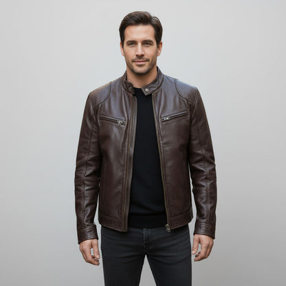 Stand with Men's Leather Jacket with Up Collar and Zip for Timeless, Stylish, and Comfortable