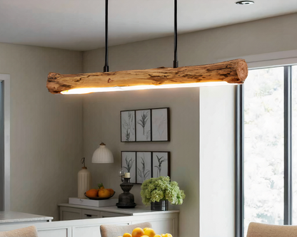 Table with Wooden Pendant Lamp with Dimmable LED Lighting for Dining Warm Natural Design