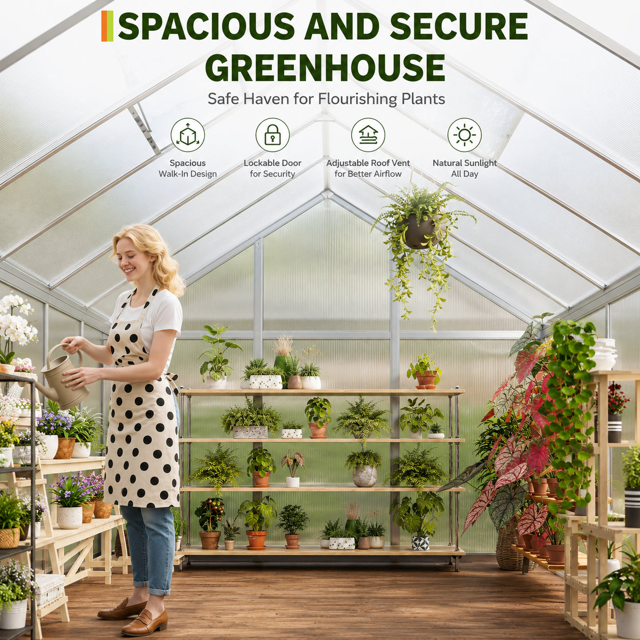 Outdoor walk in greenhouse with aluminum frame and lockable door