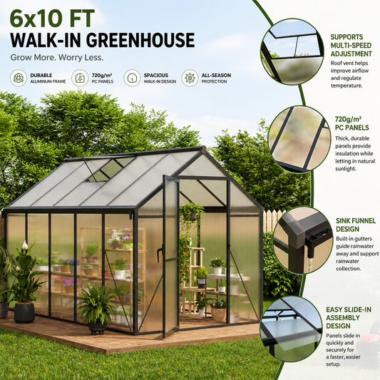 6x10 FT outdoor greenhouse with polycarbonate panels