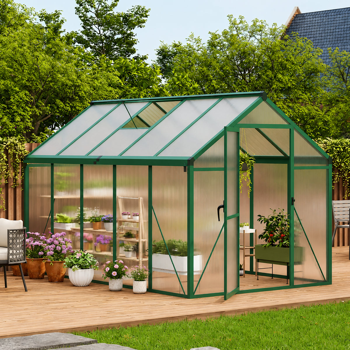 Slide-in polycarbonate panels on outdoor aluminum greenhouse