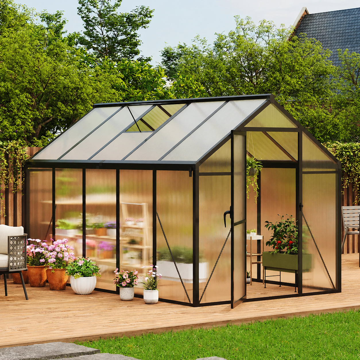 Walk-in greenhouse with built-in rainwater drainage gutters