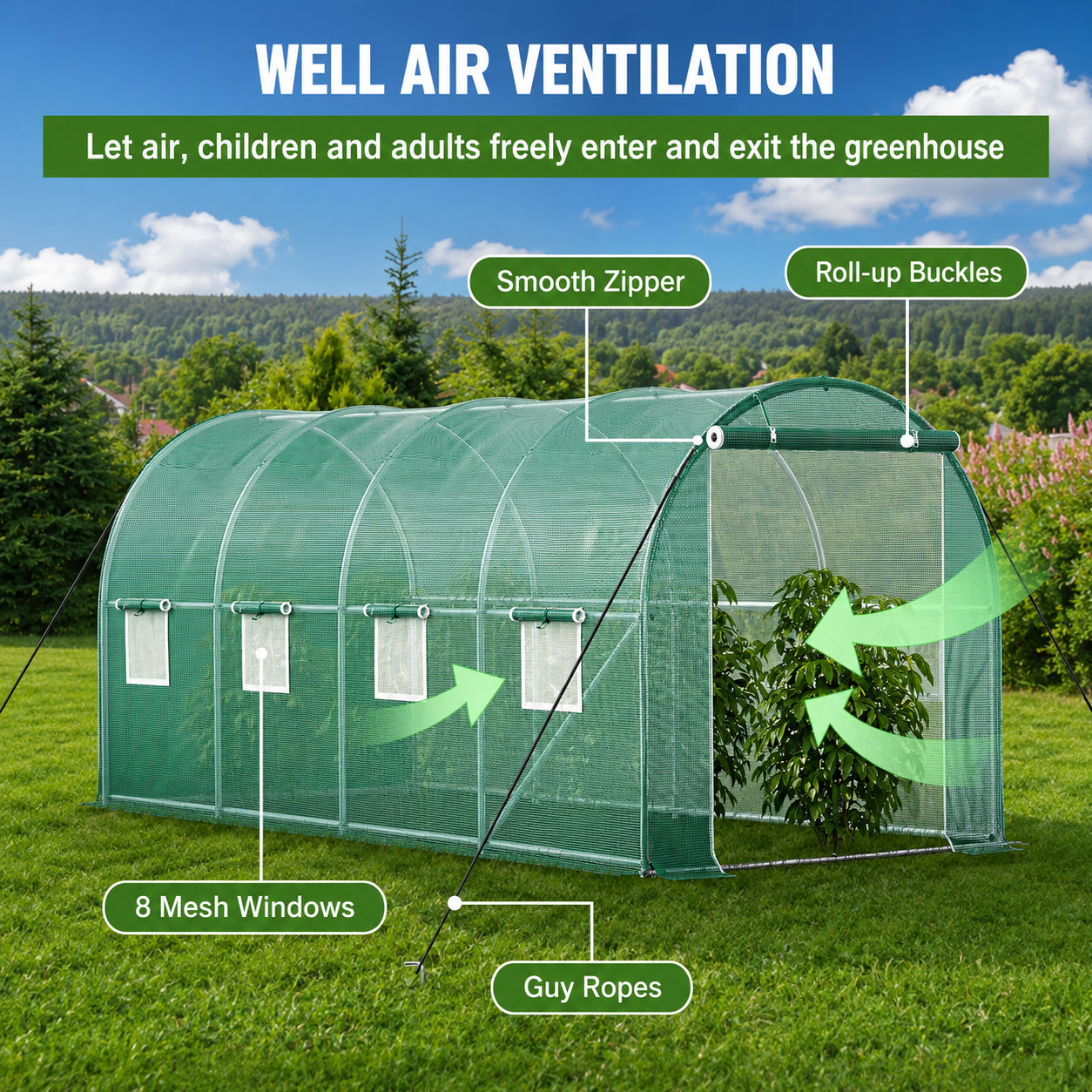 Galvanized steel tunnel greenhouse installed in a backyard garden