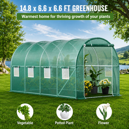Outdoor walk-in tunnel greenhouse with green waterproof PE cover