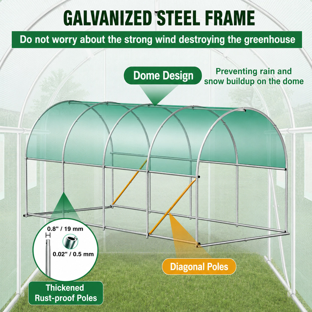 Reinforced tunnel greenhouse frame with top beams and diagonal supports