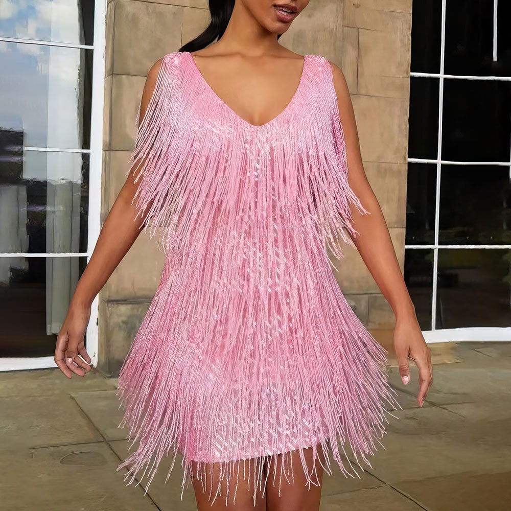 Ladies' Summer Dress with Sequins and Fringes for Festive Evenings