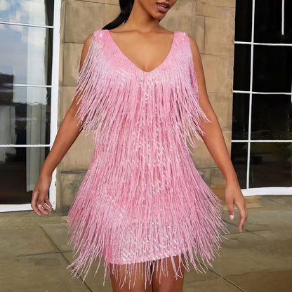Ladies' Summer Dress with Sequins and Fringes for Festive Evenings