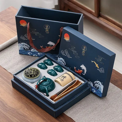 Tea Set with Traditional Ceramic Teapot, Cups, and Incense Holder for Relaxing Tea Moments