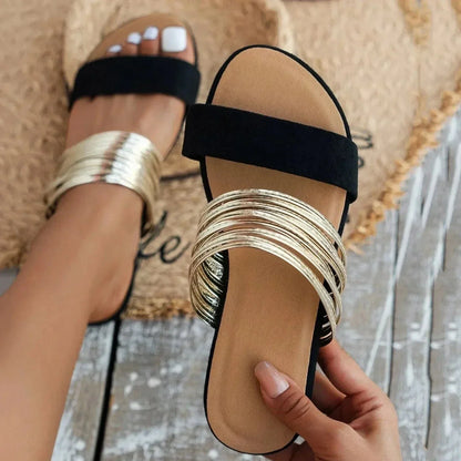 Sandals with Ladies Slip-on Comfortable Sole and Decorative Strap Rings