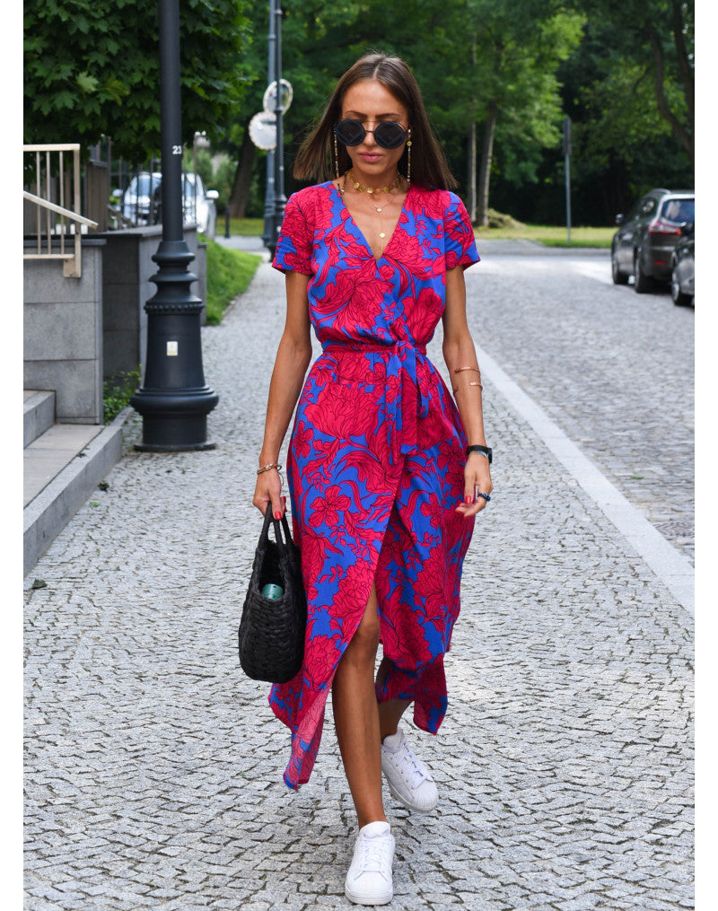 Light Floral Print Summer Dress for Women with Waistband and Split