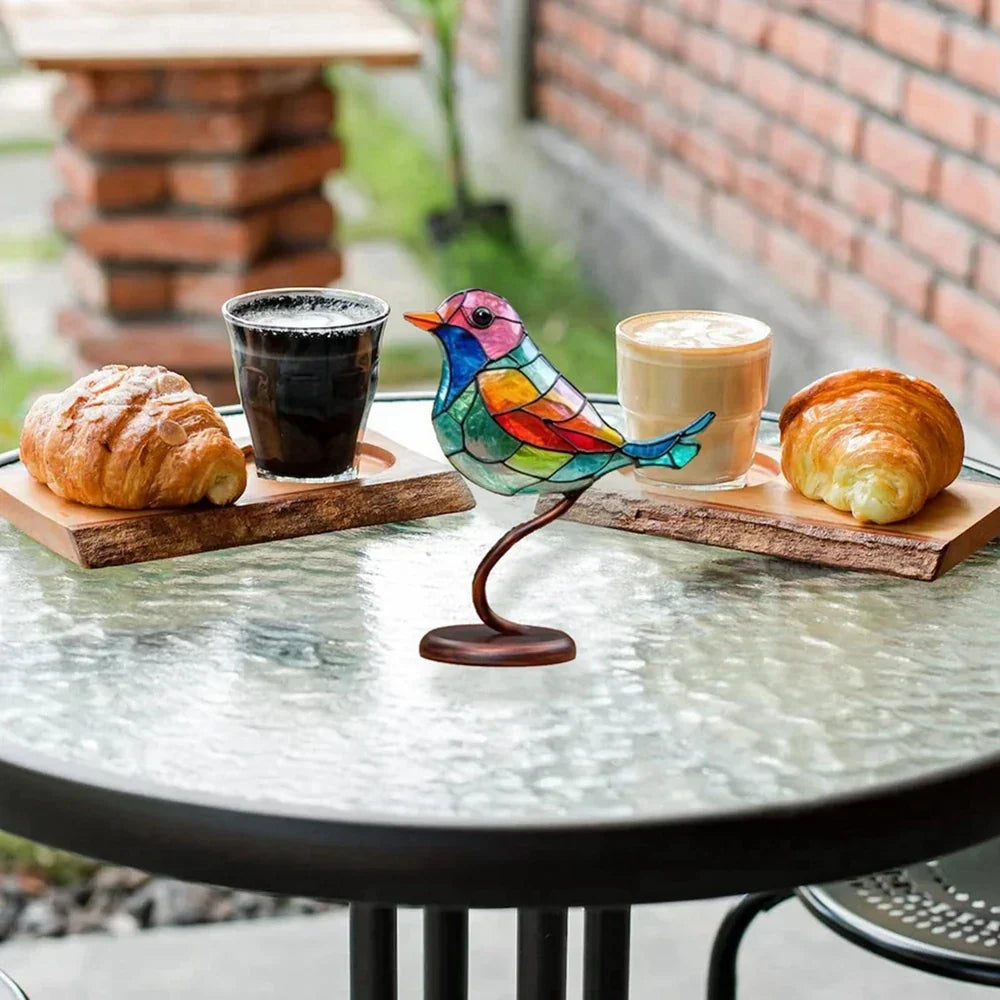Table with Modern Bird Sculpture with Coloured Glass and Decorative Art Design