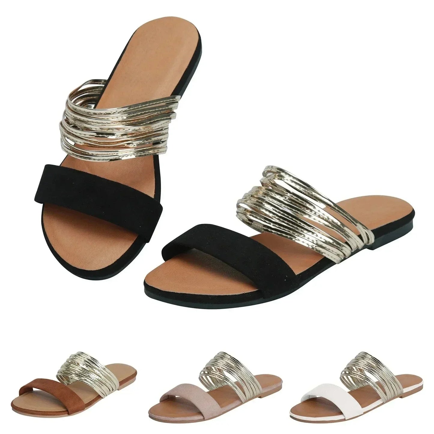 Sandals with Ladies Slip-on Comfortable Sole and Decorative Strap Rings