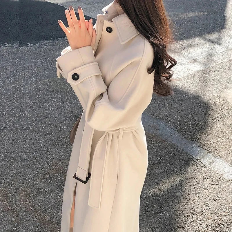 Long Ladies' Coat with Belt for Elegant and Warm for Winter