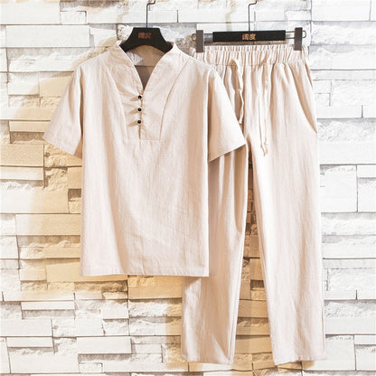 Set with Men's Linen Summer Short Sleeves and Trousers
