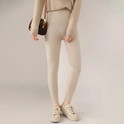 Knitted Pure Wool Leggings with High Waist for Fine Knit Ladies' Leggings in Neutral Shade